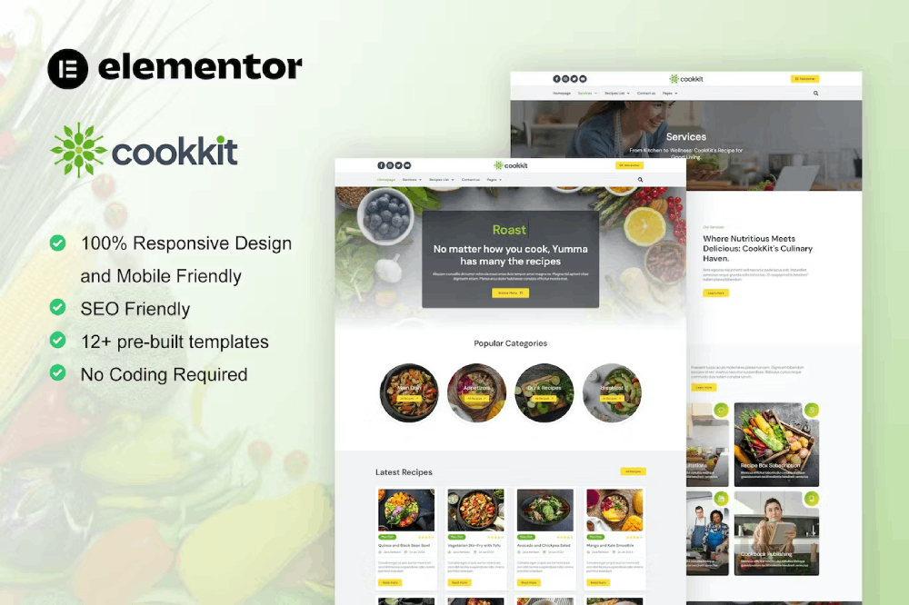 Cookkit – Food Recipe & Nutrition Service Elementor Pro Template Kit