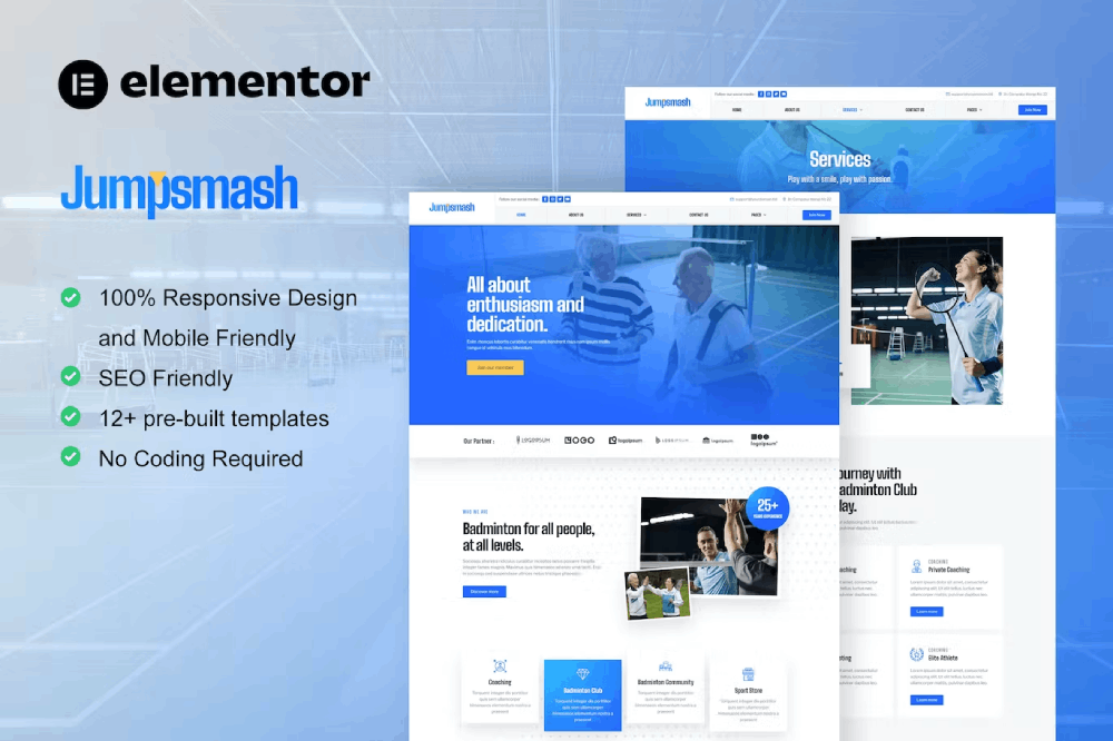 Jumpsmash – Badminton Club & Sport Community Elementor Template Kit