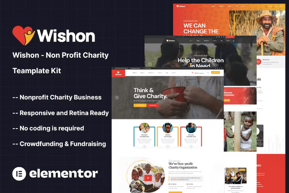 Wishon – Non Profit Charity Elementor Template Kit
