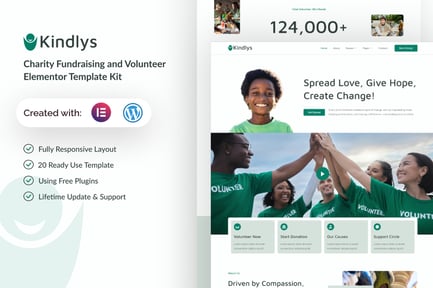 Kindlys – Charity Fundraising & Volunteer Elementor Template Kit